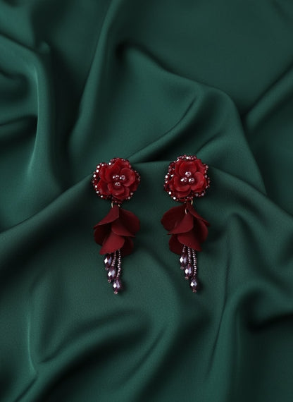 Beautiful Rose Flower With Petals Drop Earrings