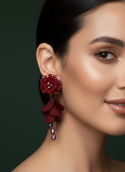 Beautiful Rose Flower With Petals Drop Earrings