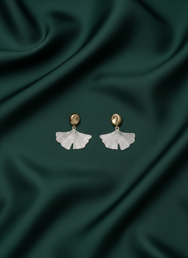 Fancy Golden Beads with Silver Petal Earrings