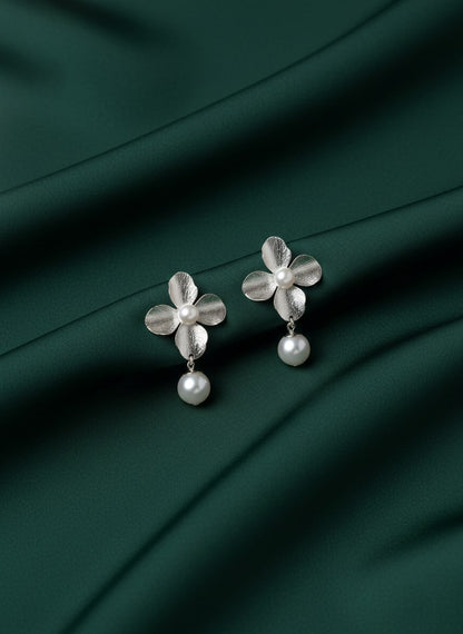 Silver Flower With hanging pearl earring