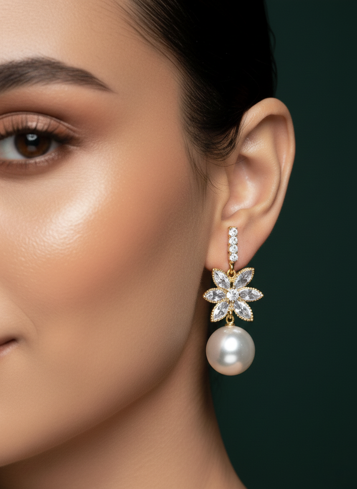 Classic Diamond with Hanging Pearl Earing