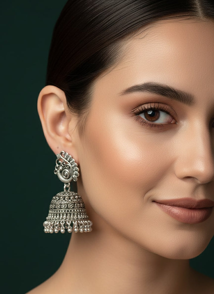Oxidized Floral &amp; Bird Motif Jhumka Earrings