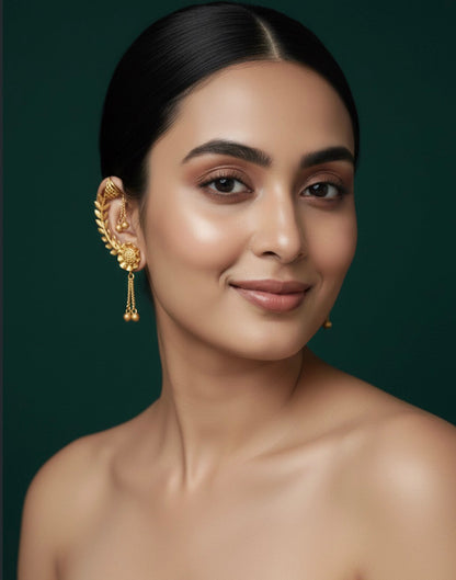 Women Gold Plated Leaf Shaped Ear Cuff With Drop Chain