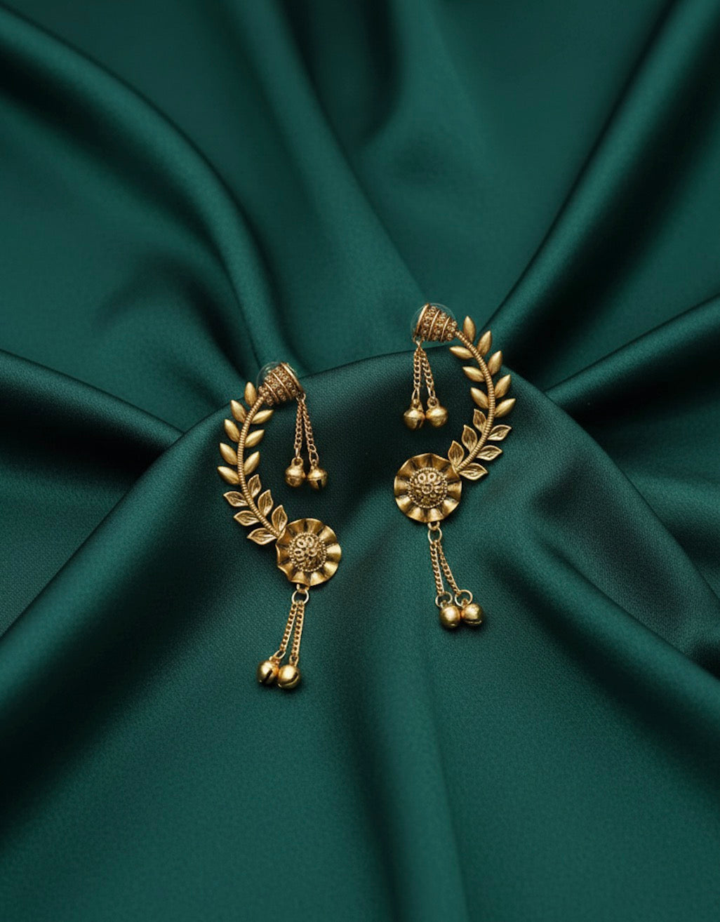 Women Gold Plated Leaf Shaped Ear Cuff With Drop Chain