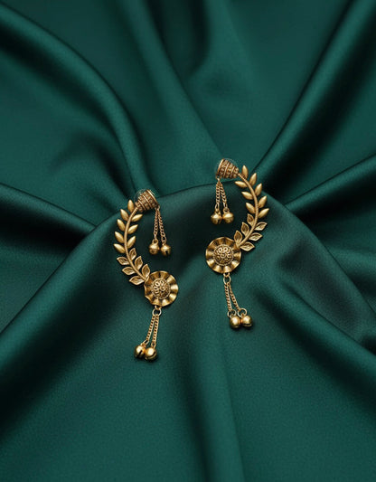 Women Gold Plated Leaf Shaped Ear Cuff With Drop Chain