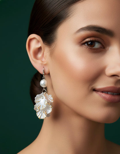 White Pearl With Petals Design Earrings