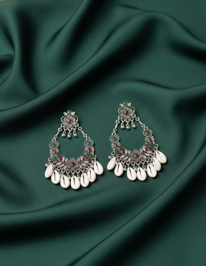 Oxidized Fancy Beaded & Seashell Earrings