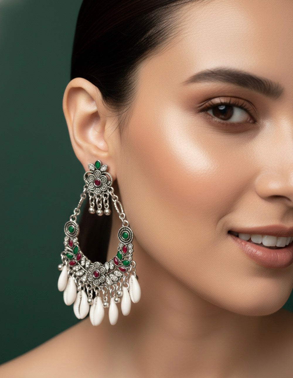 Oxidized Fancy Beaded & Seashell Earrings