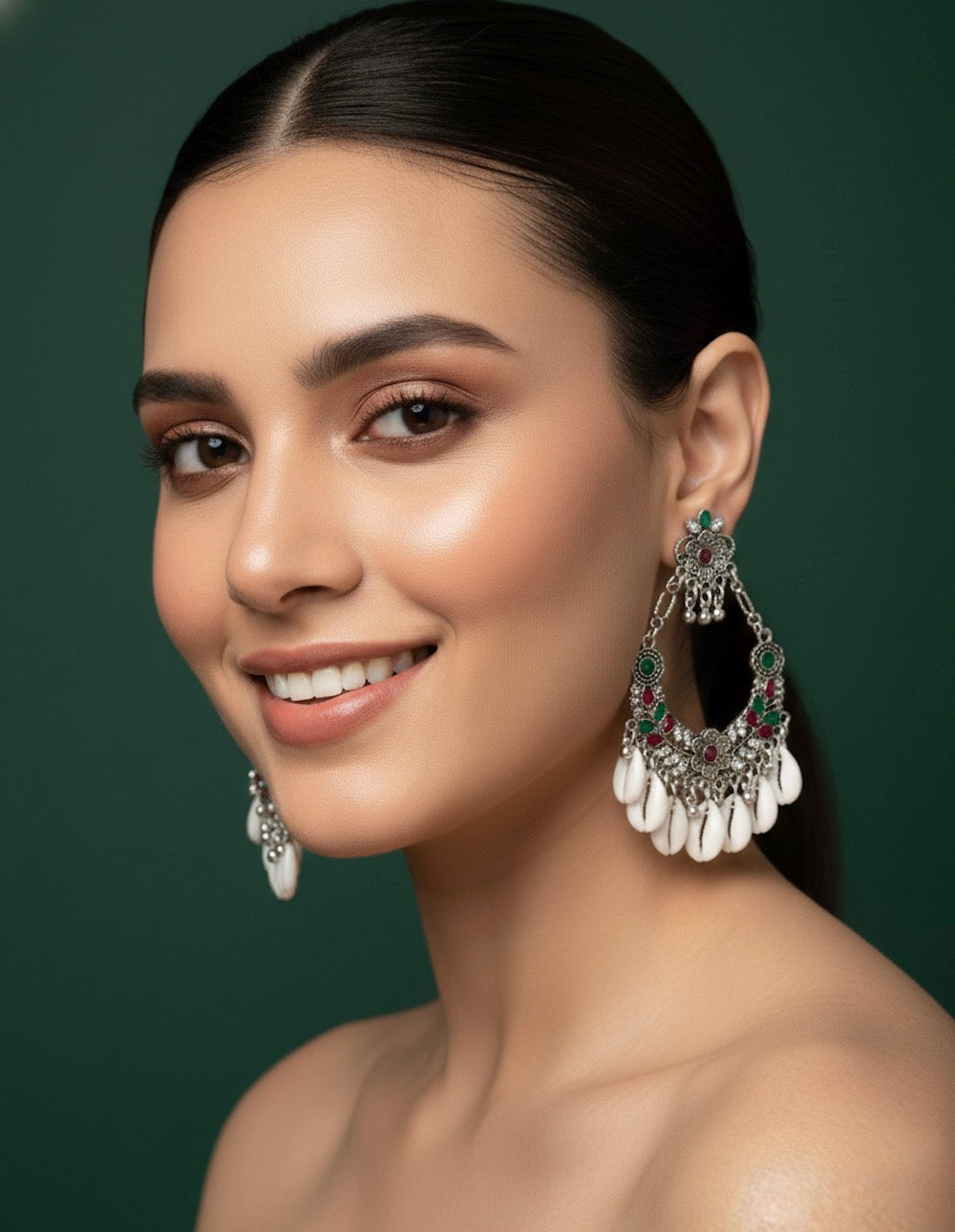 Oxidized Fancy Beaded & Seashell Earrings