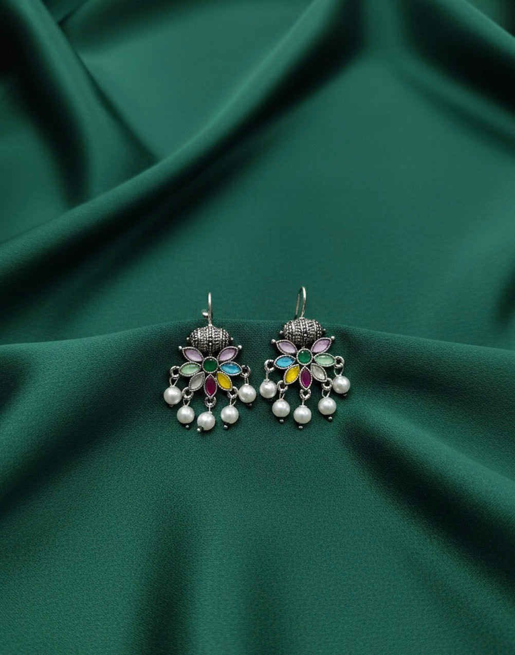 Women Oxidised Navratna Stones Earrings