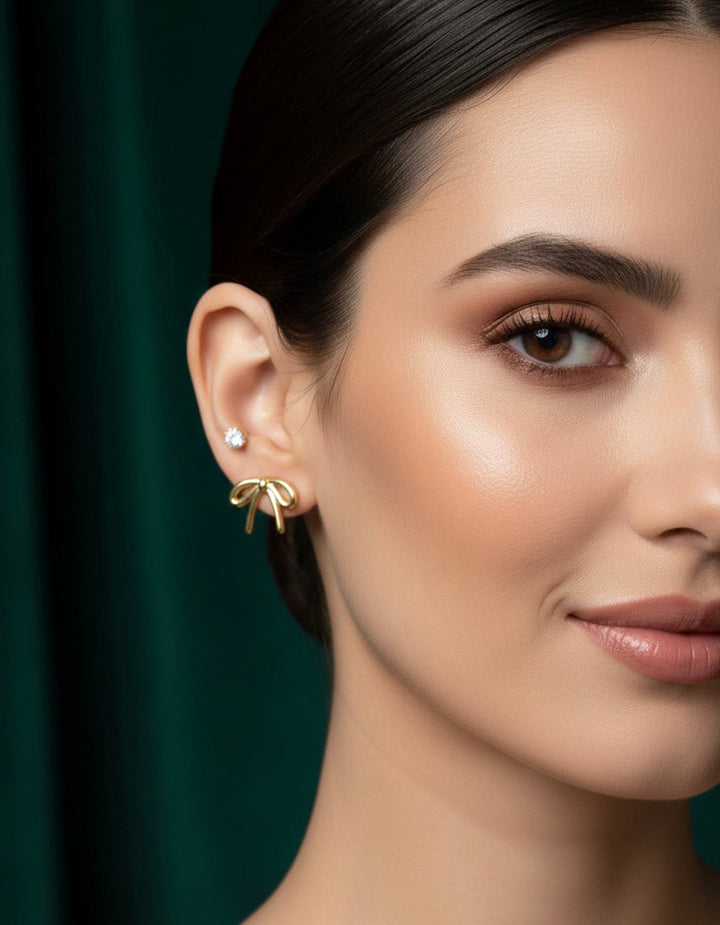 Pack of 2 Golden Bow &amp; Ston Studs