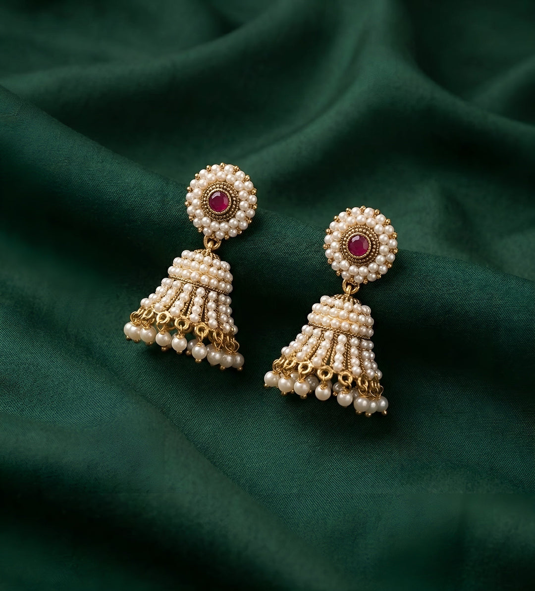 Gold Plated Artificial Pearls &amp; Beaded Jhumka Earrings