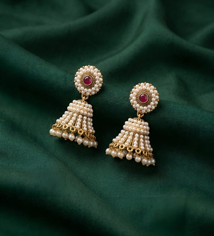 Gold Plated Artificial Pearls &amp; Beaded Jhumka Earrings