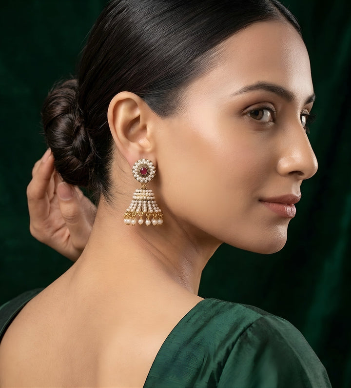 Gold Plated Artificial Pearls &amp; Beaded Jhumka Earrings