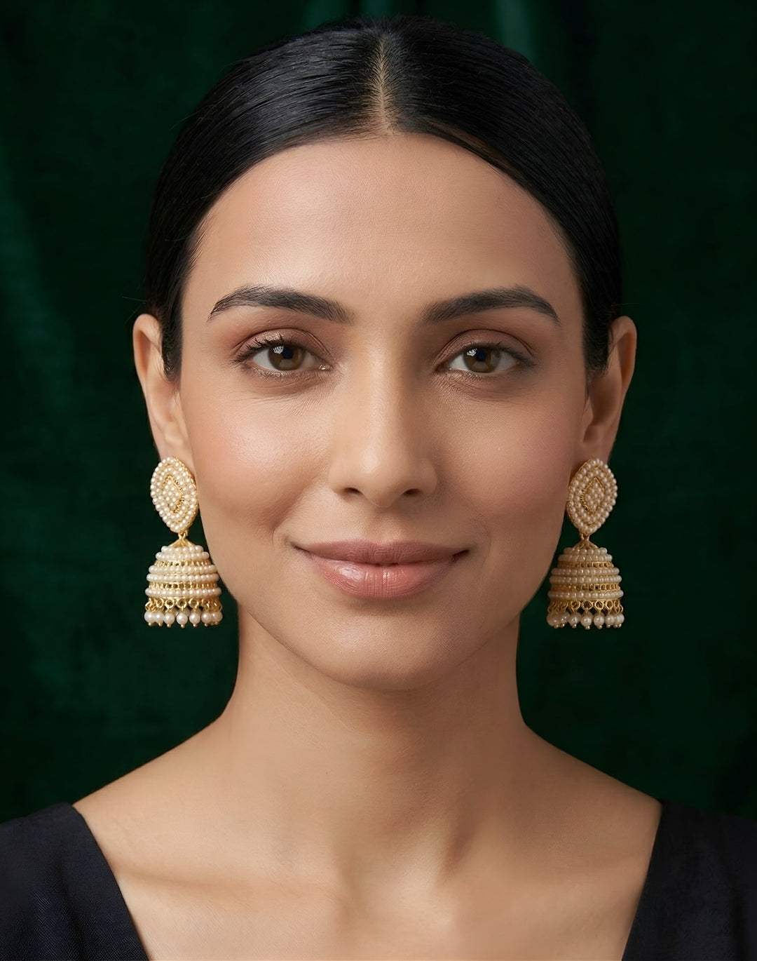 Gold Plated Artificial Pearls &amp; Beaded Jhumka Earrings