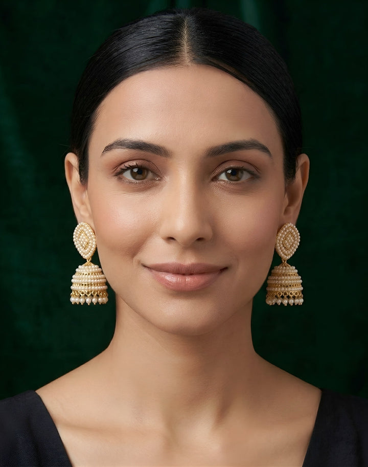 Gold Plated Artificial Pearls &amp; Beaded Jhumka Earrings