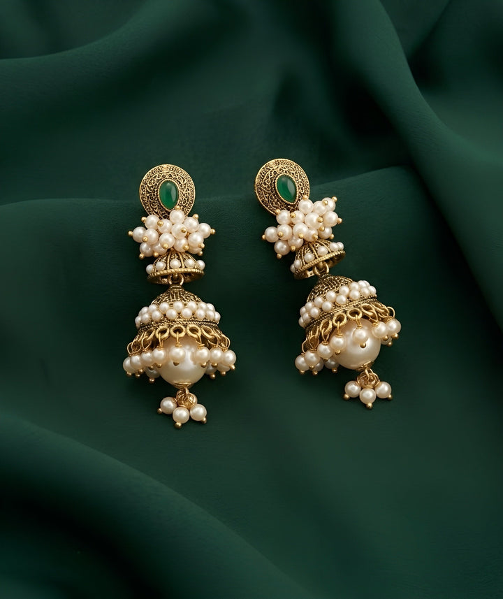 Gold-Toned Pearl Embellished Traditional Jhumka Earrings