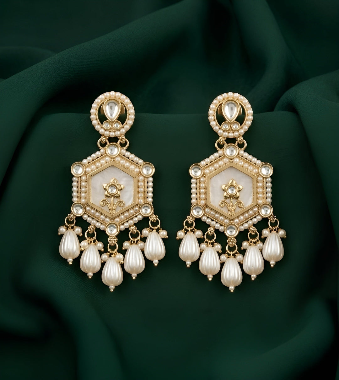 Gold Plated Kundan &amp; Pearl Statement Earrings