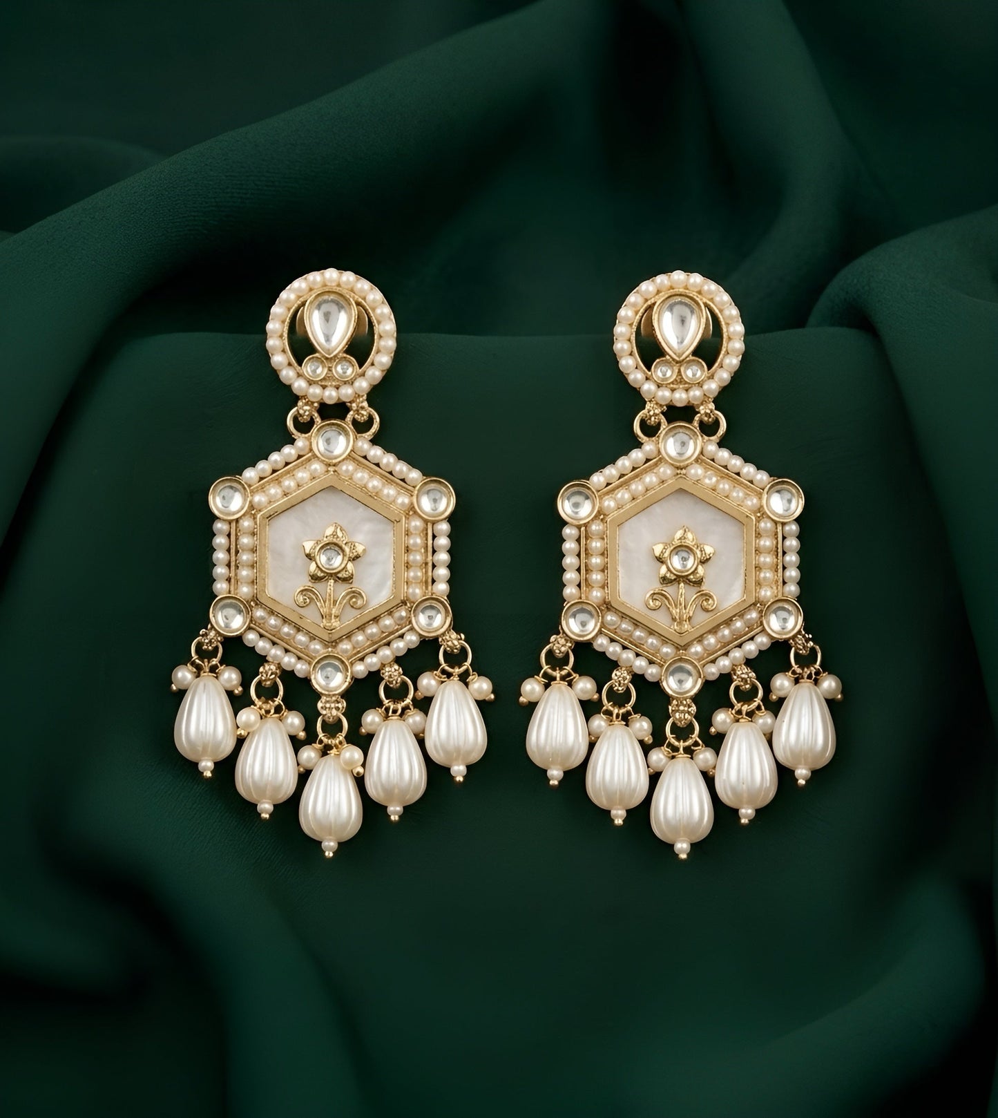 Gold Plated Kundan & Pearl Statement Earrings