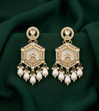 Gold Plated Kundan & Pearl Statement Earrings