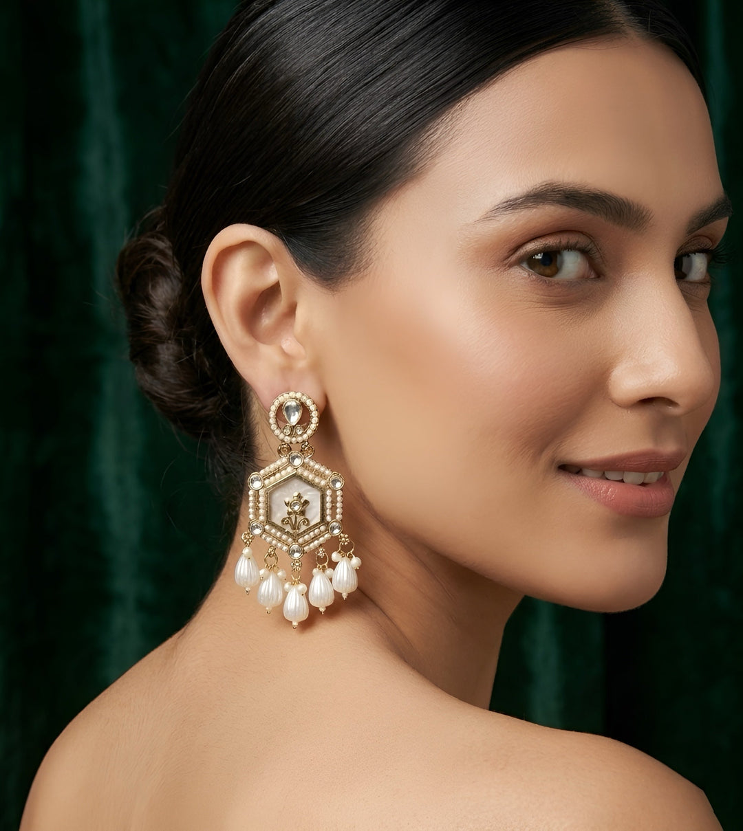 Gold Plated Kundan &amp; Pearl Statement Earrings