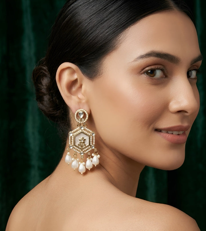 Gold Plated Kundan &amp; Pearl Statement Earrings