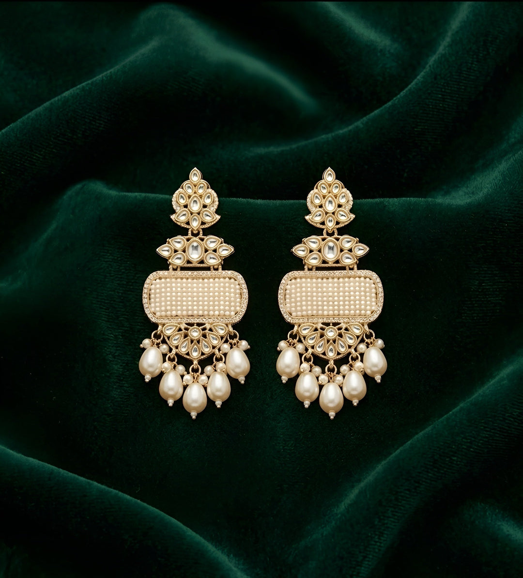 Gold Plated Kundan &amp; Pearl Statement Earrings