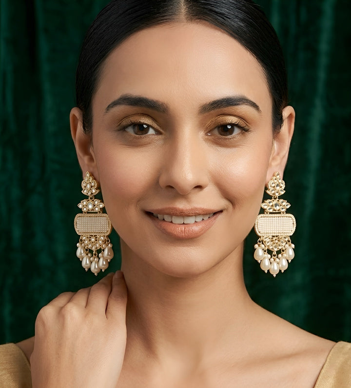 Gold Plated Kundan &amp; Pearl Statement Earrings