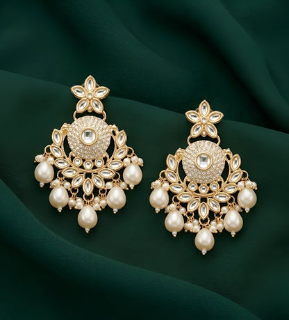 Gold Plated Kundan & Pearl Statement Earrings