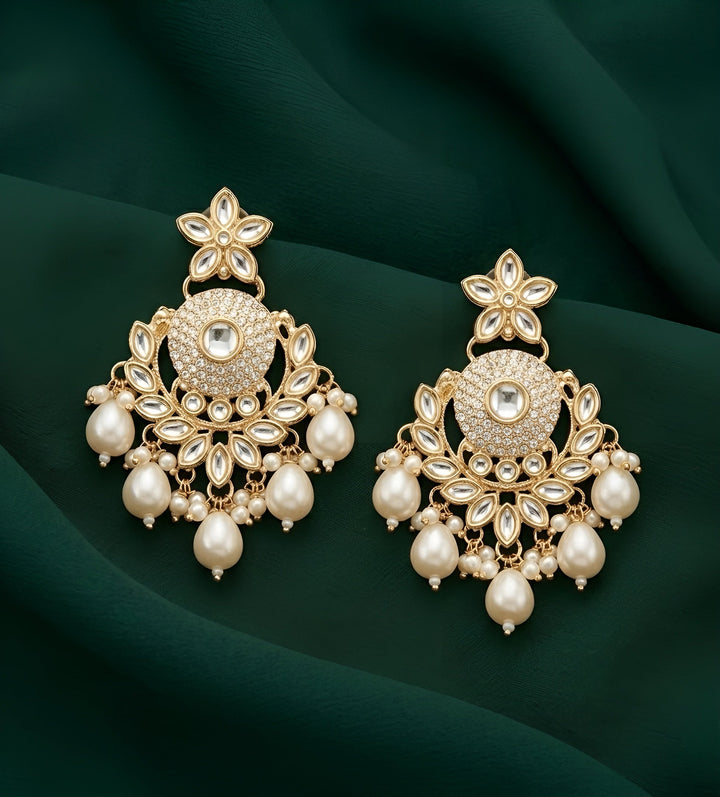 Gold Plated Kundan &amp; Pearl Statement Earrings