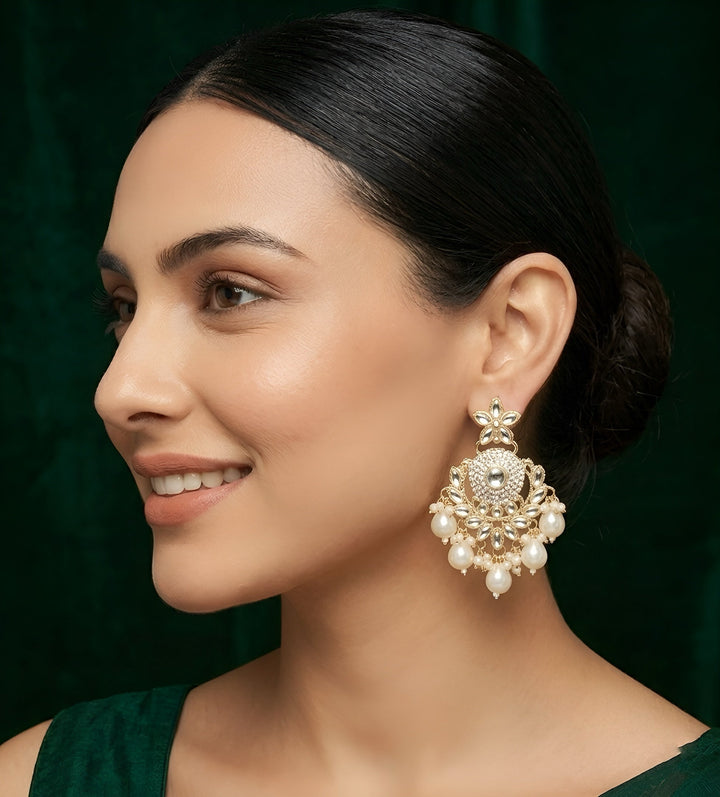 Gold Plated Kundan &amp; Pearl Statement Earrings