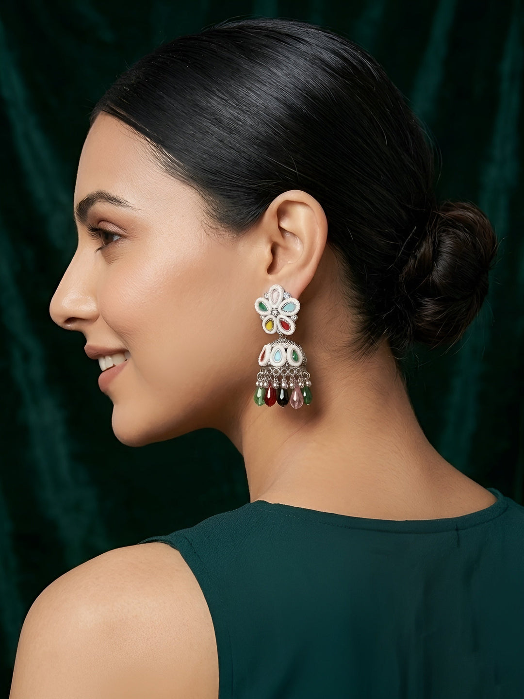 Silver Plated Multicolor Fancy Beaded Jhumki