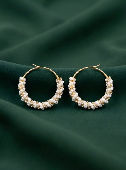 Gold Plated Artificial Pearls & Diamond Hoops