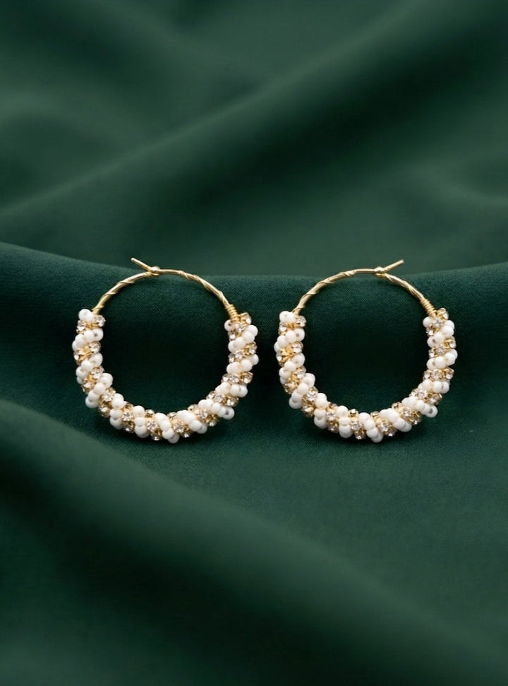 Gold Plated Artificial Pearls &amp; Diamond Hoops