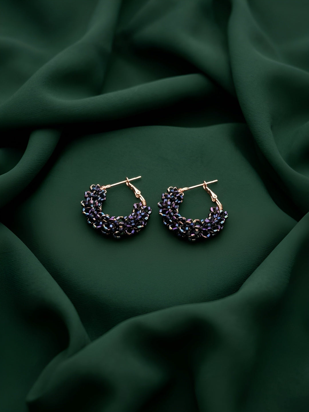 Gold Plated Black Fancy Beaded Hoops