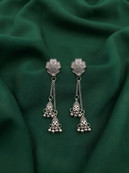 Silver Plated Oxidized Tassels Jhumki Earrings