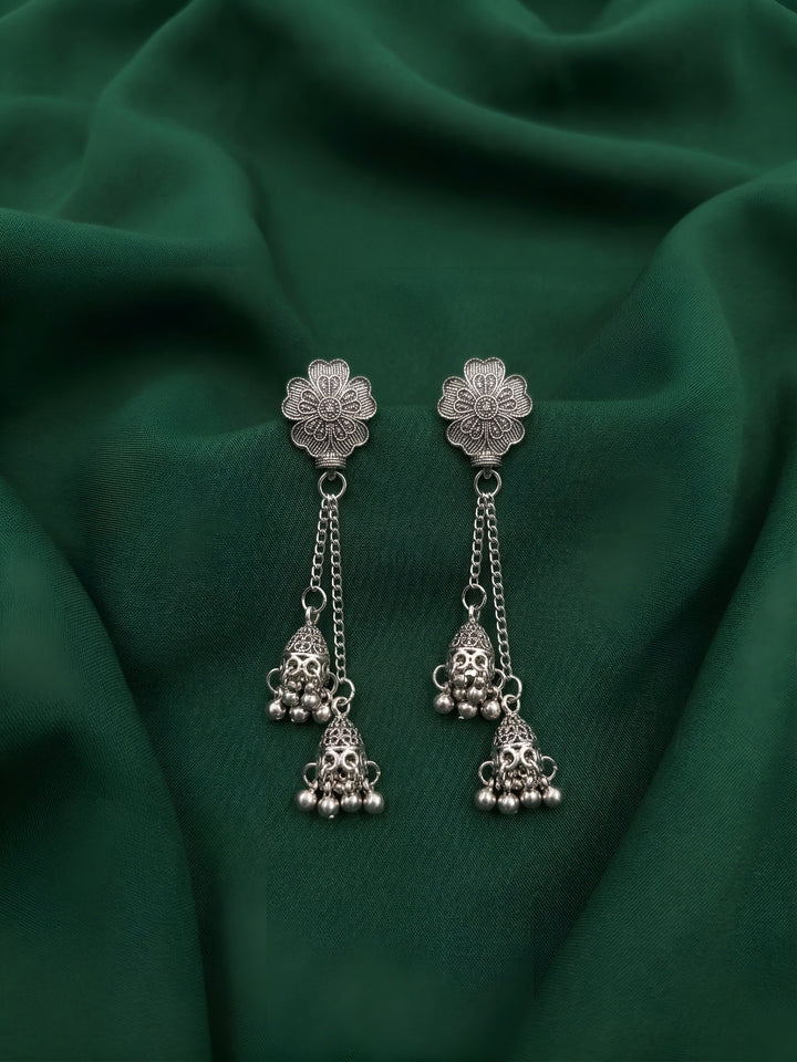 Silver Plated Oxidized Tassels Jhumki Earrings