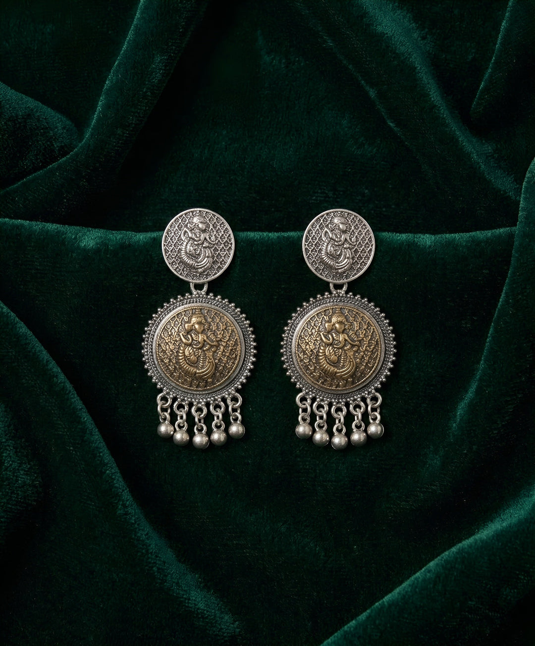 Silver Plated Oxidized Circular Design Drop Earrings