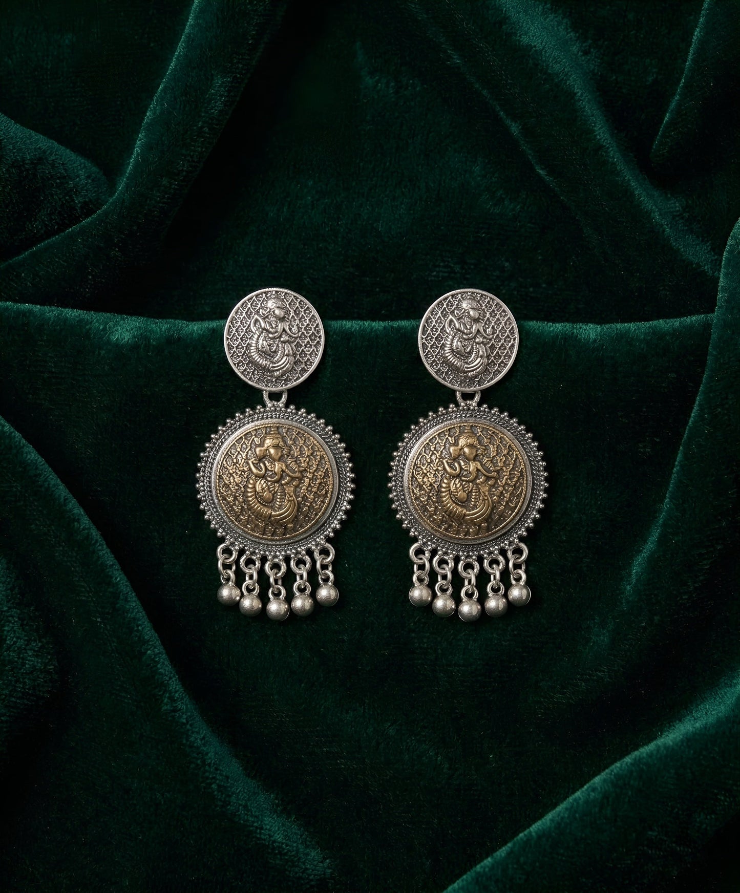 Silver Plated Oxidized Circular Design Drop Earrings