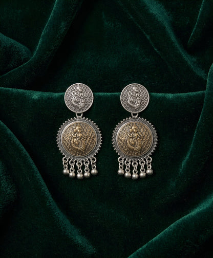 Silver Plated Oxidized Circular Design Drop Earrings