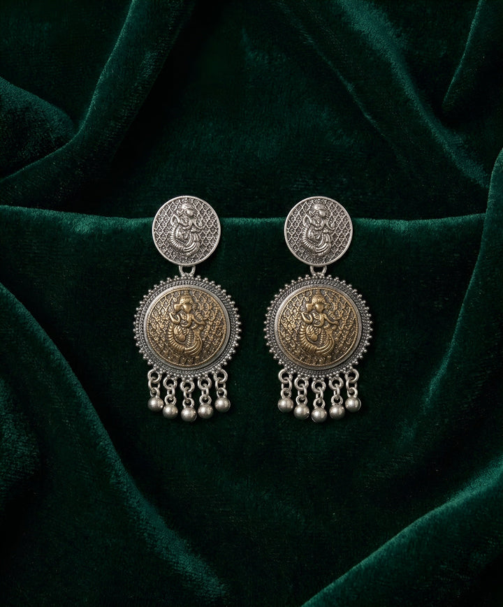 Silver Plated Oxidized Circular Design Drop Earrings