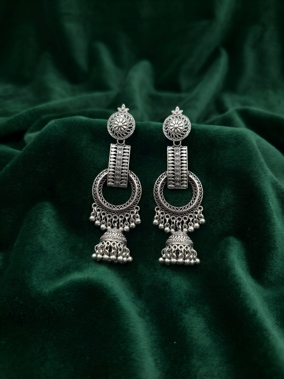 Silver Plated Oxidized Fancy Jhumki Earrings