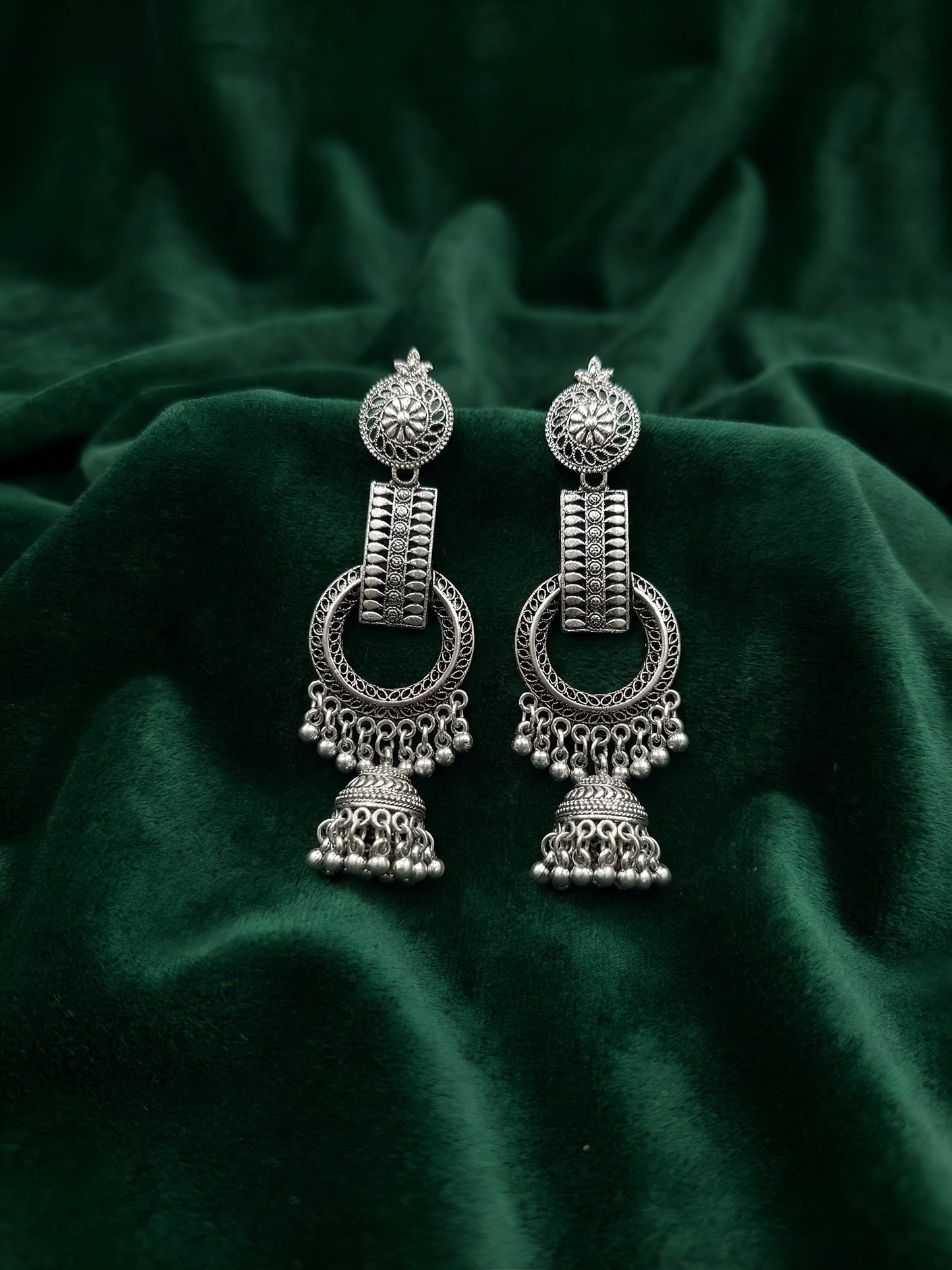 Silver Plated Oxidized Fancy Jhumki Earrings