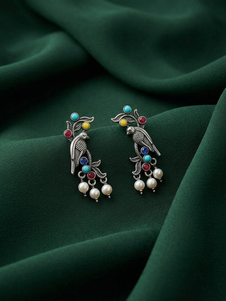 Silver Plated Oxidized With Trendy Birds Design Earrings