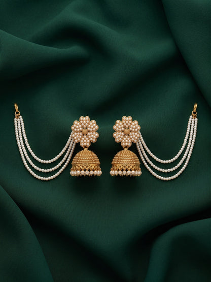 Gold Plated Dome Shaped Jhumkas With Pearls Layered Chain
