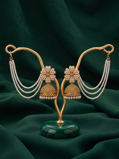 Gold Plated Dome Shaped Jhumkas With Pearls Layered Chain