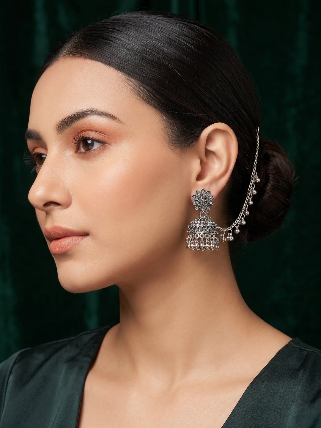 Silver Plated Oxidized Fancy Jhumka with Earchain