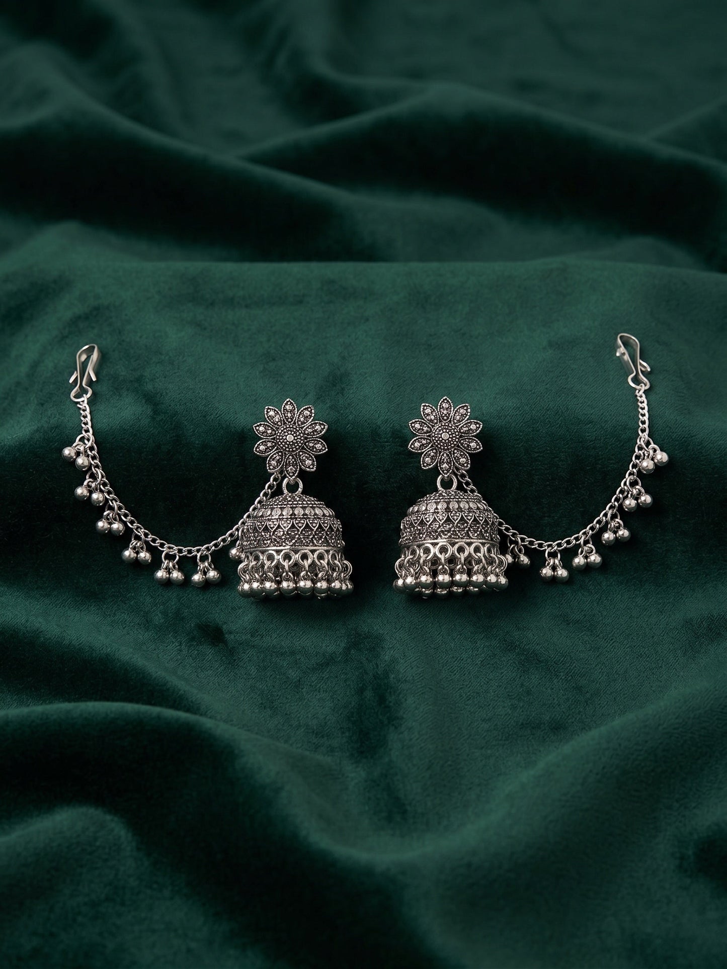 Silver Plated Oxidized Fancy Jhumka with Earchain
