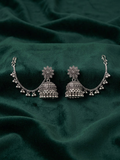 Silver Plated Oxidized Fancy Jhumka with Earchain