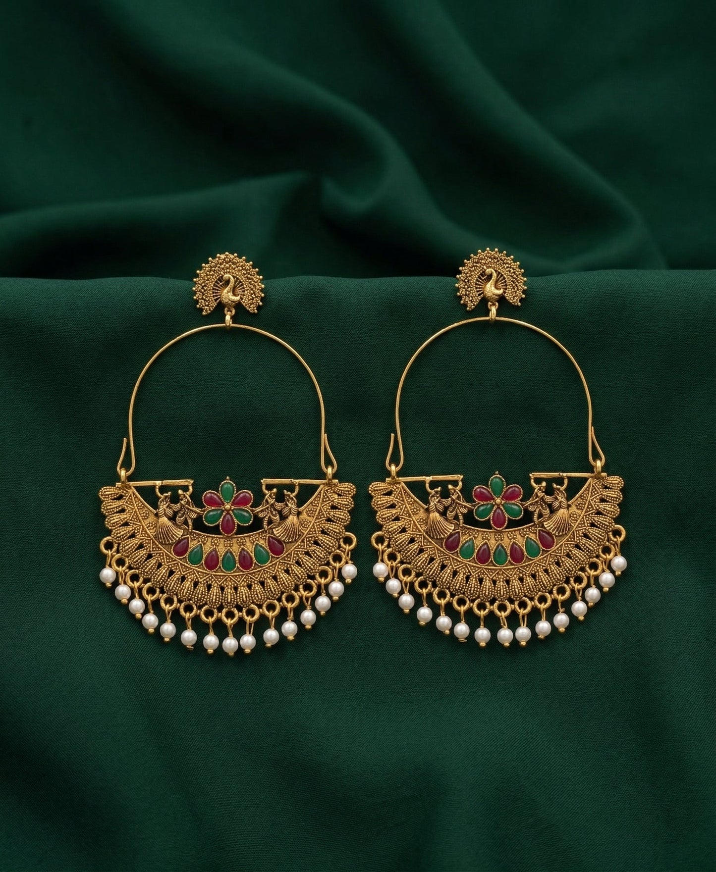 Gold Oxidized With Beaded Indo-Western Cahnd Bali Earrings